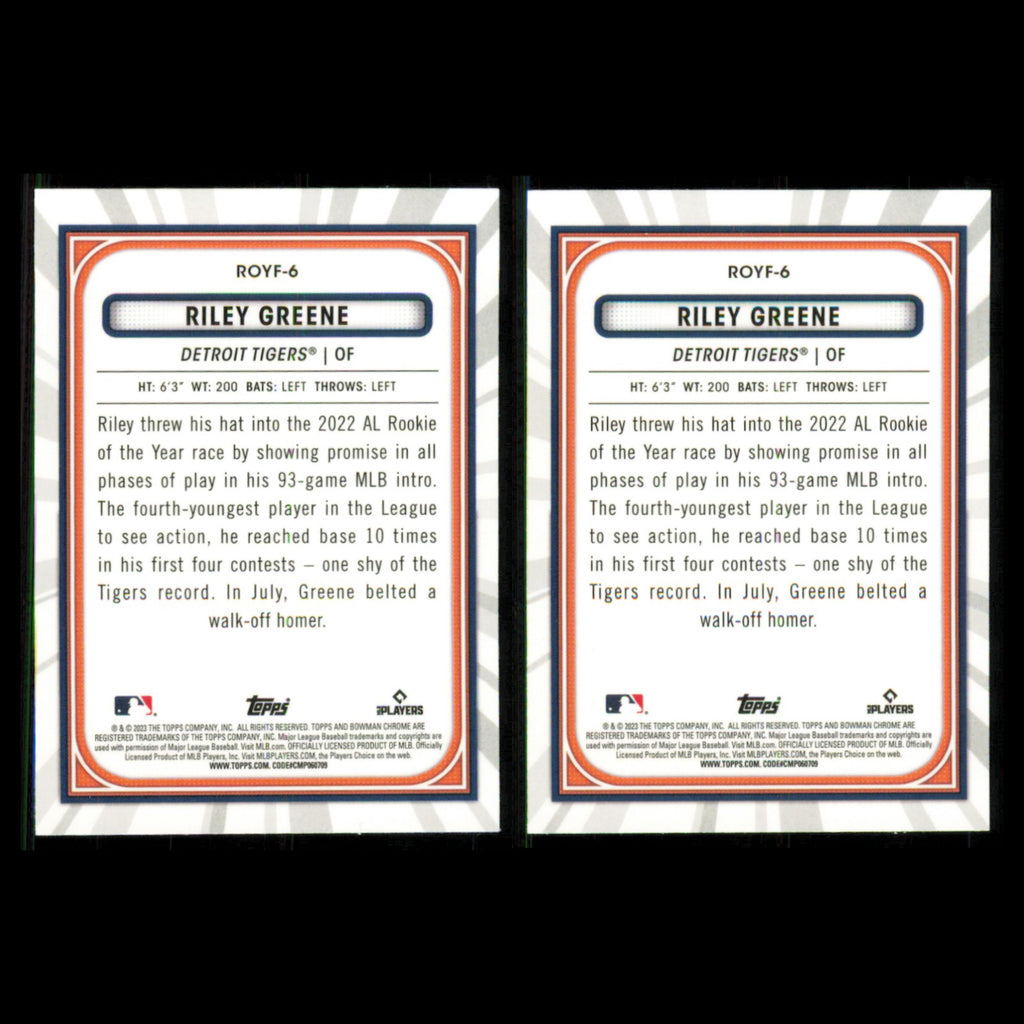 Riley Greene Lot 2 Baseball Cards 2023 Bowman Rookie of the Year Favorites Set