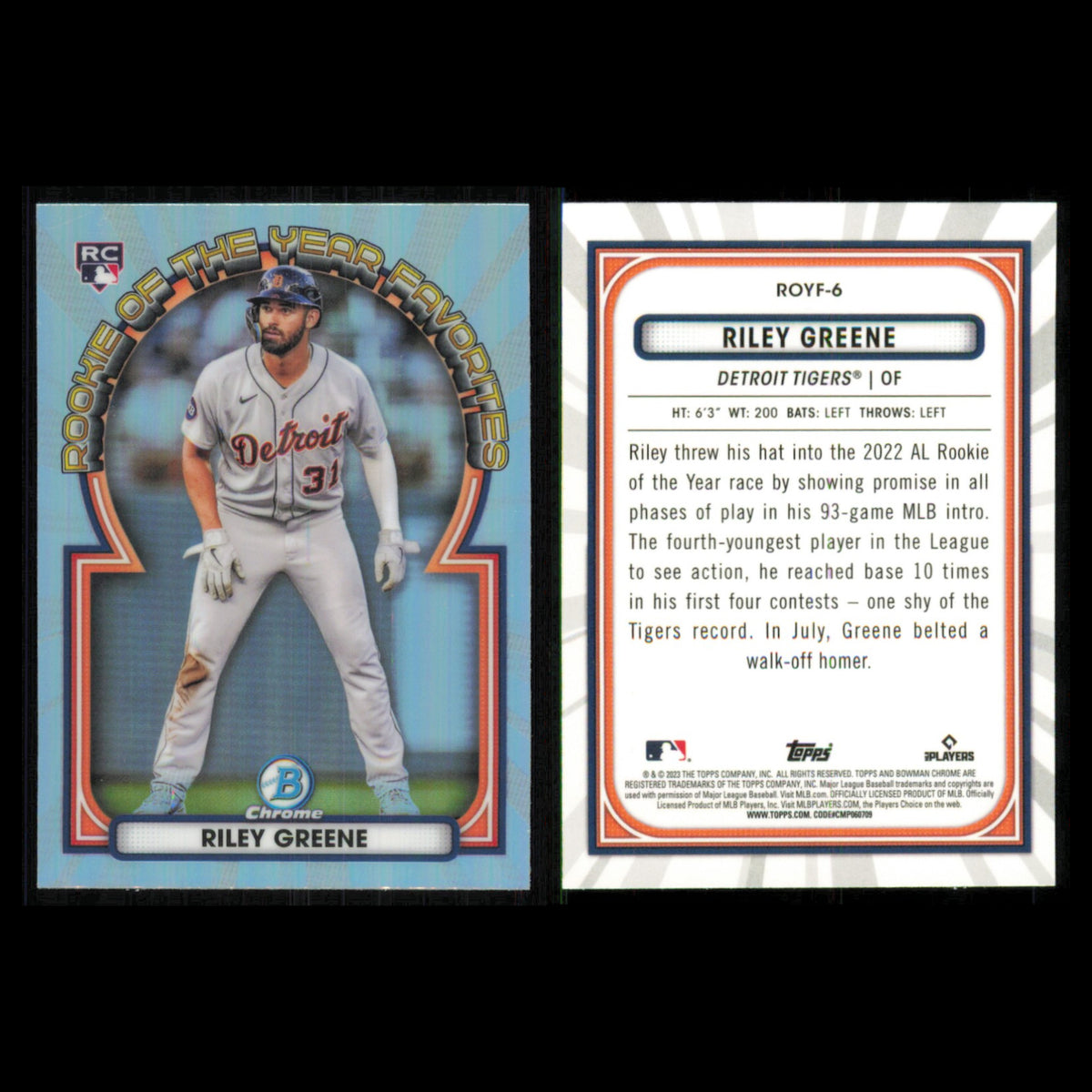 Riley Greene Lot 2 Baseball Cards 2023 Bowman Rookie of the Year Favorites Set