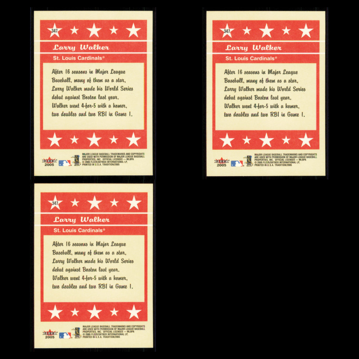 Larry Walker Lot 3 Baseball Cards 2005 Fleer Tradition St. Louis Cardinals Set