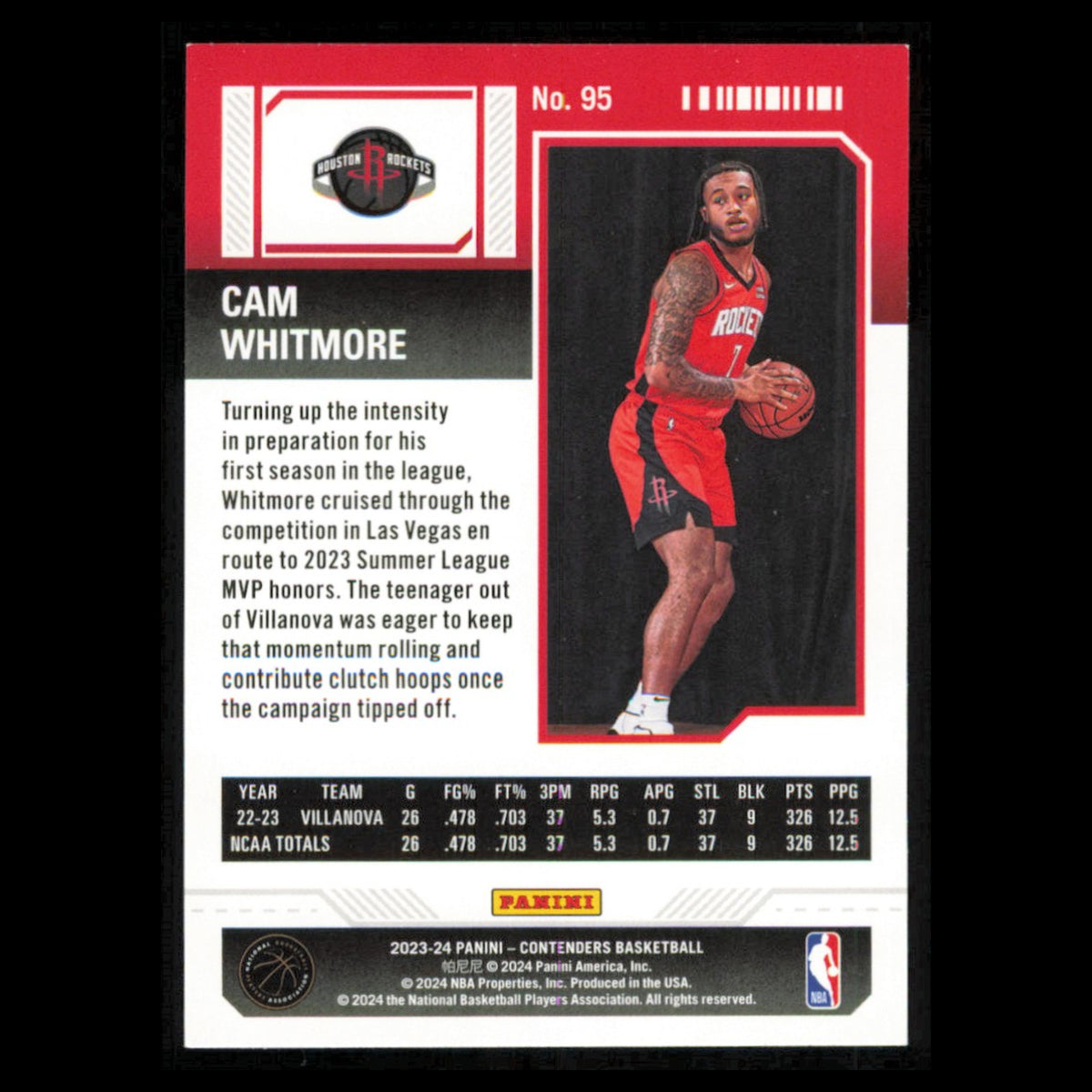 Cam Whitmore Rookie #95 2023 Panini Contenders Houston Rockets Basketball Card