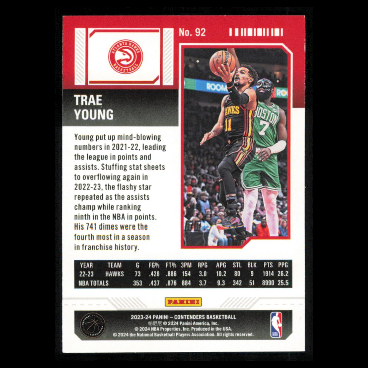Trae Young #92 2023 Panini Contenders Atlanta Hawks Basketball Card NBA NM
