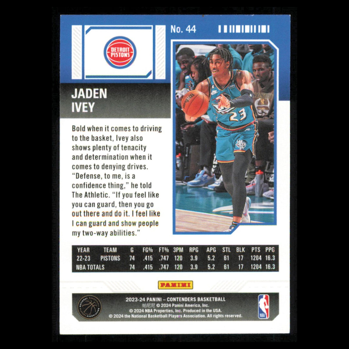 Jaden Ivey #44 2023 Panini Contenders Detroit Pistons Basketball Card NBA NM