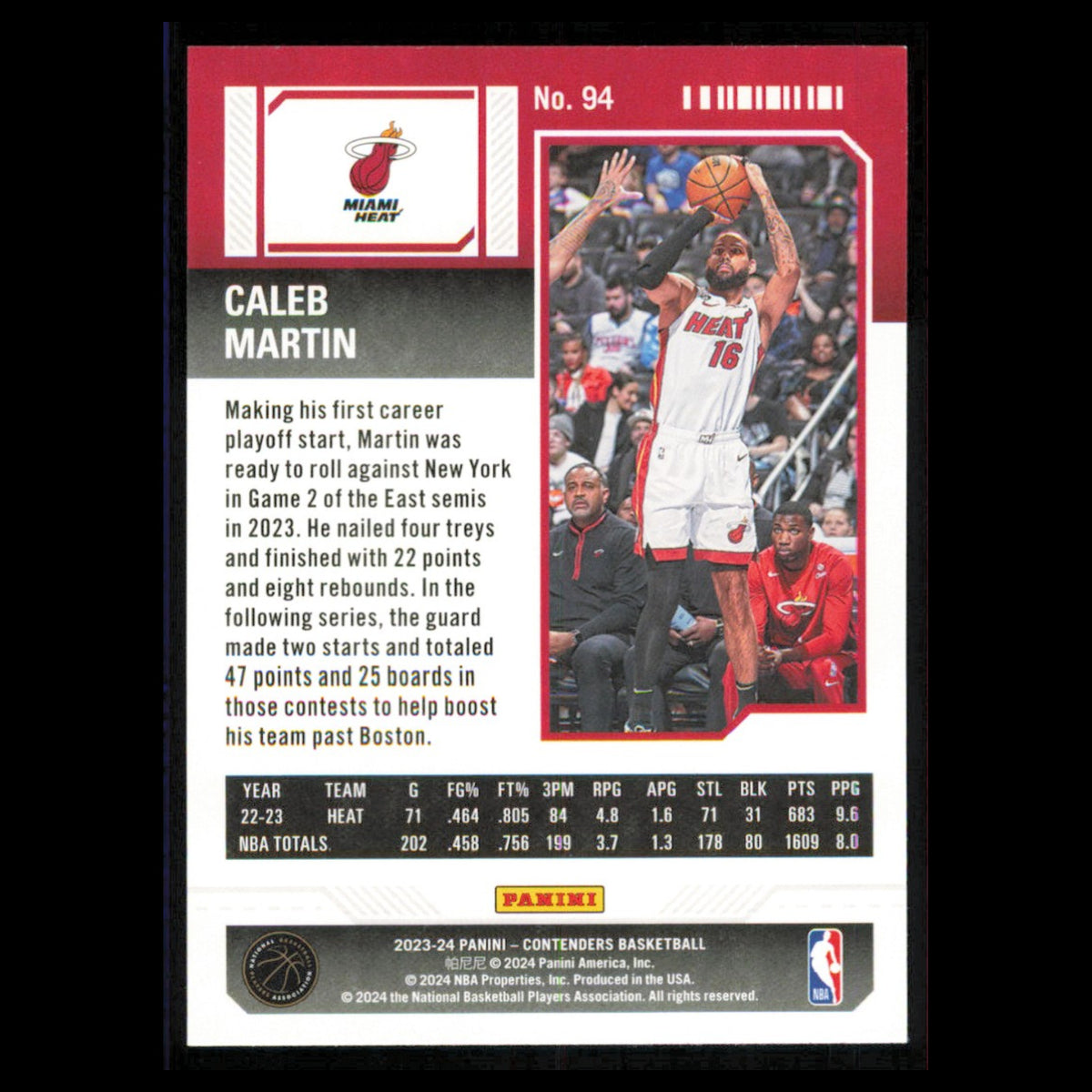 Caleb Martin #94 2023 Panini Contenders Miami Heat Basketball Card NBA NM