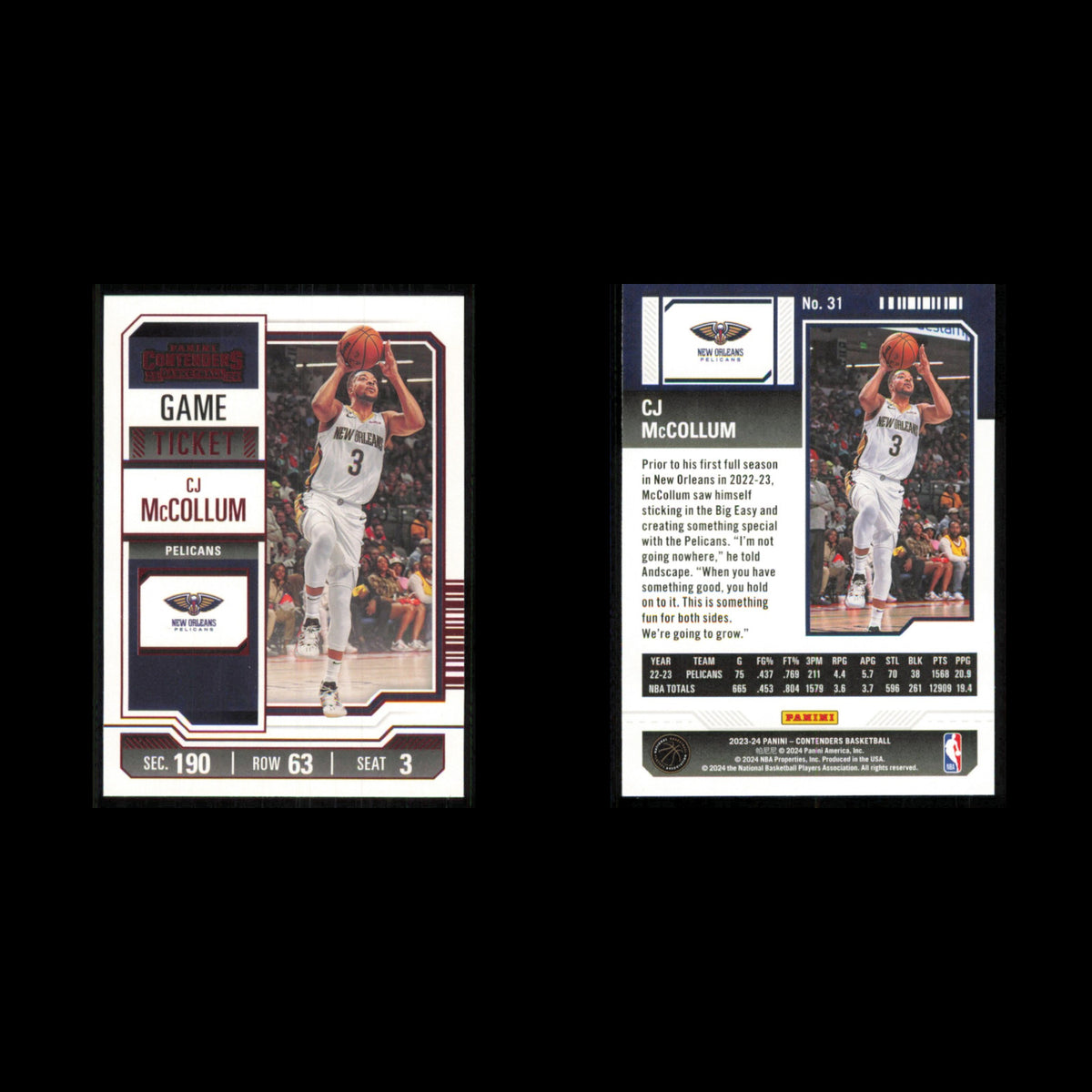 CJ McCollum #31 2023 Panini Contenders Red New Orleans Pelicans Basketball Card