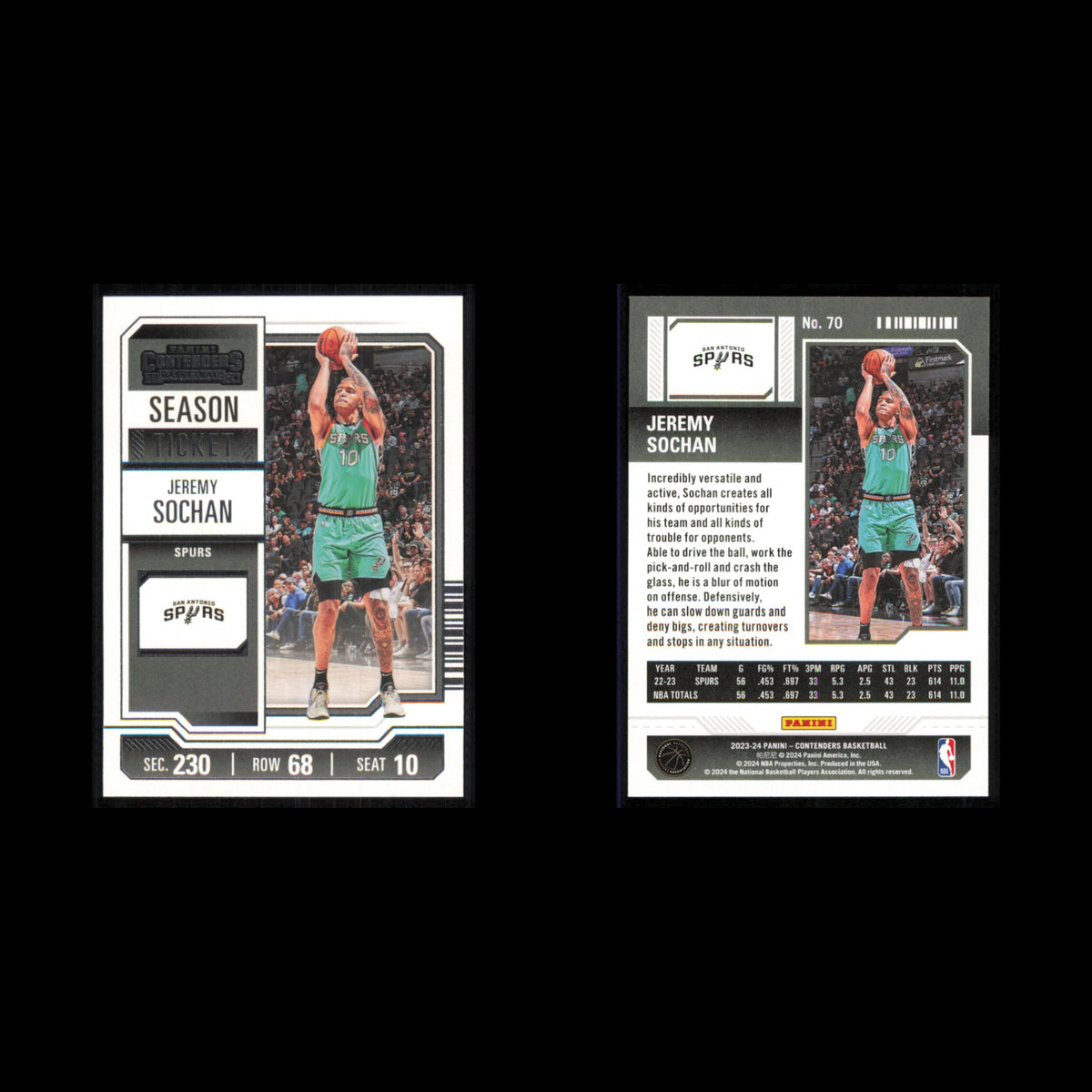 Jeremy Sochan #70 2023 Panini Contenders San Antonio Spurs Basketball Card NBA