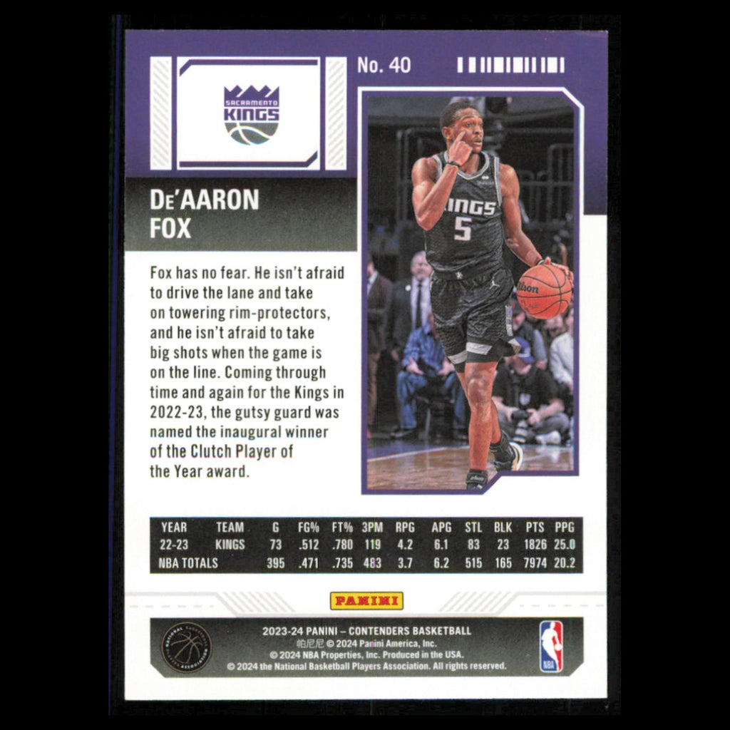DeAaron Fox #40 2023 Panini Contenders Sacramento Kings Basketball Card NBA NM
