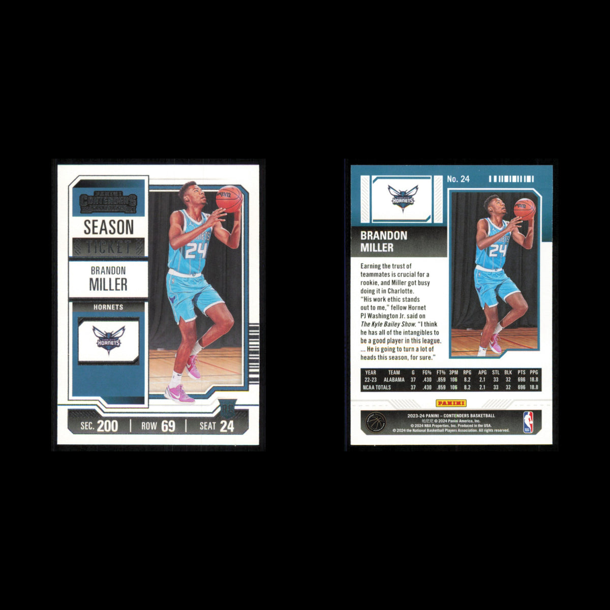 Brandon Miller Rookie #24 2023 Panini Contenders Charlotte Hornets Basketball NM