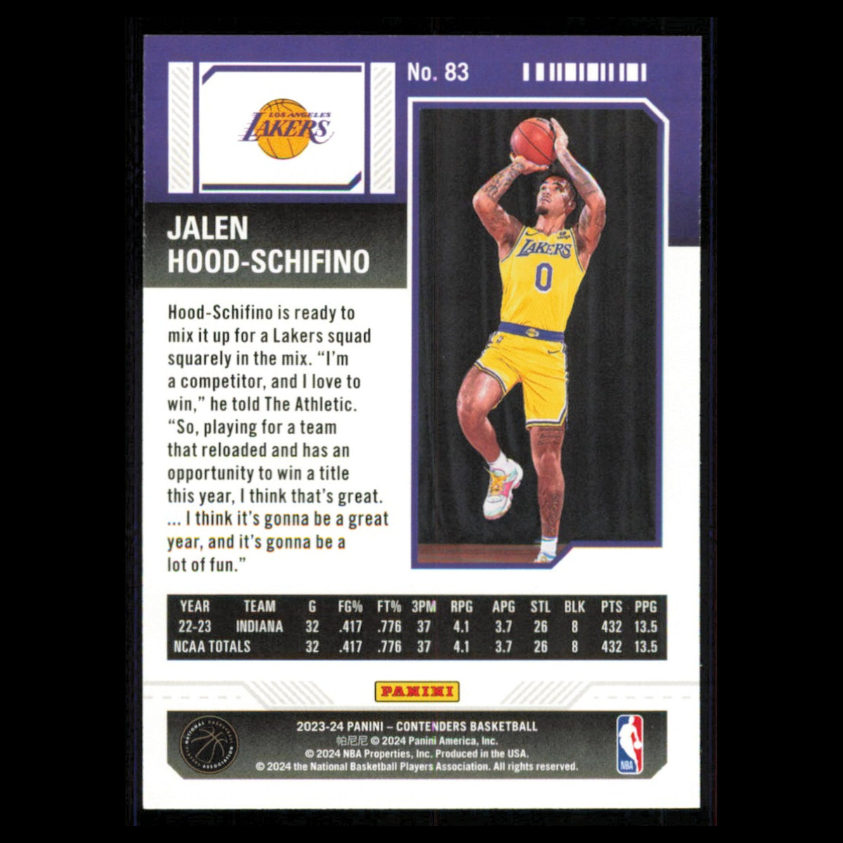Jalen Hood-Schifino Rookie #83 2023 Panini-Contenders Los Angeles Lakers Card NM