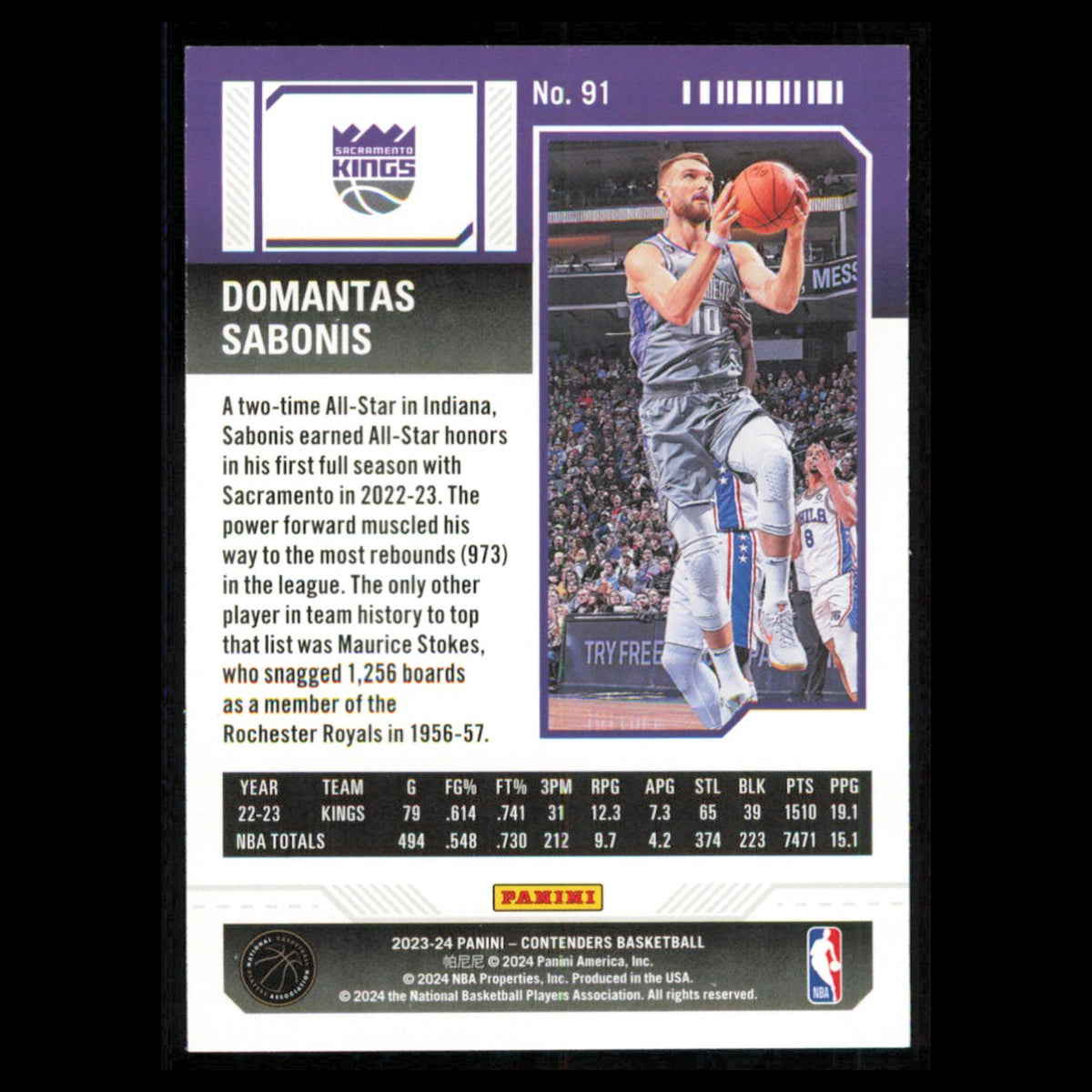 Domantas Sabonis #91 2023 Panini Contenders Sacramento Kings Basketball Card NBA