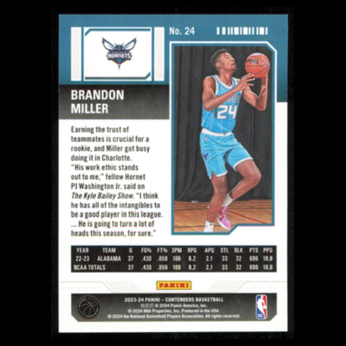 Brandon Miller Rookie #24 2023 Panini-Contenders Charlotte Hornets Basketball NM