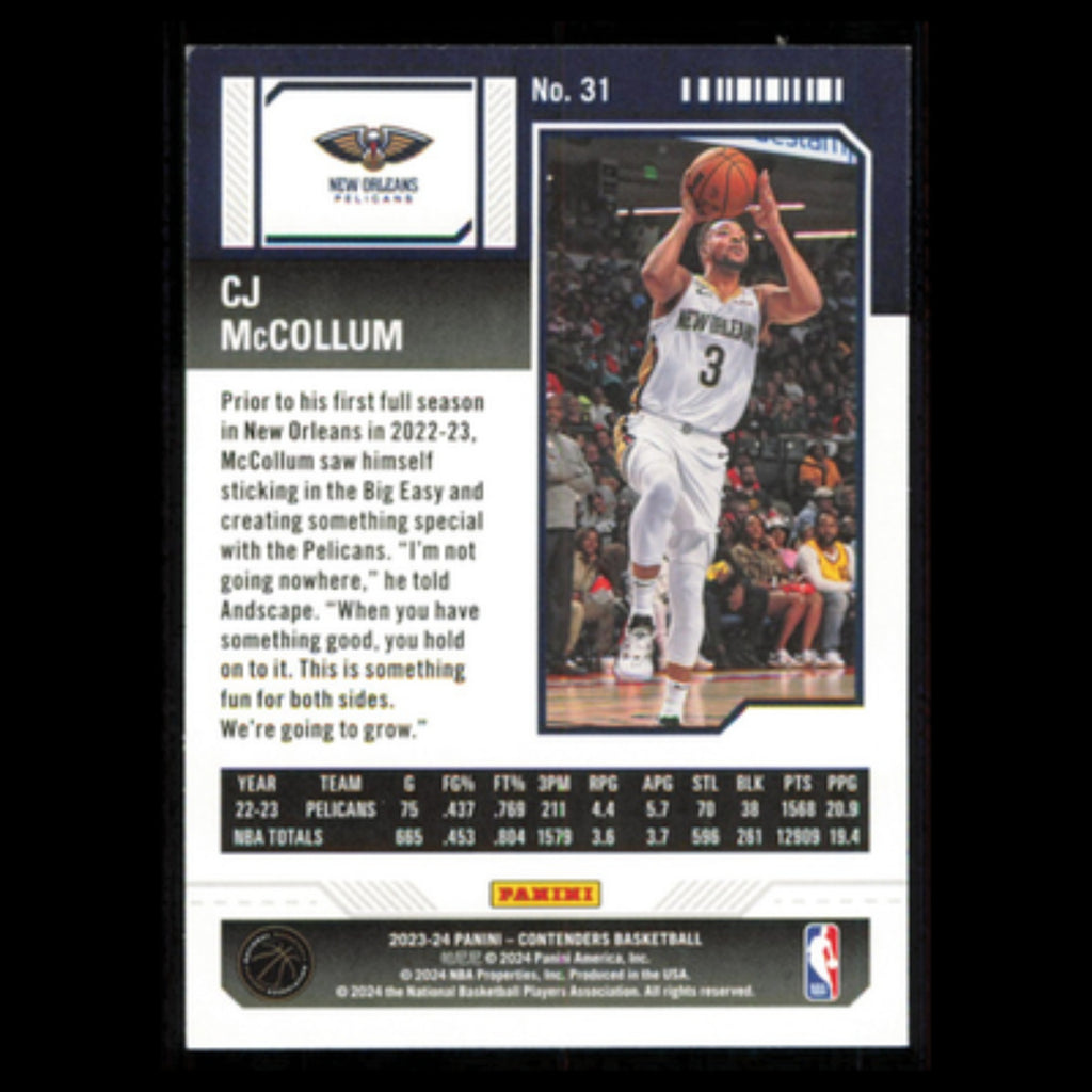 CJ McCollum #31 2023 Panini-Contenders New Orleans Pelicans Basketball Card NBA