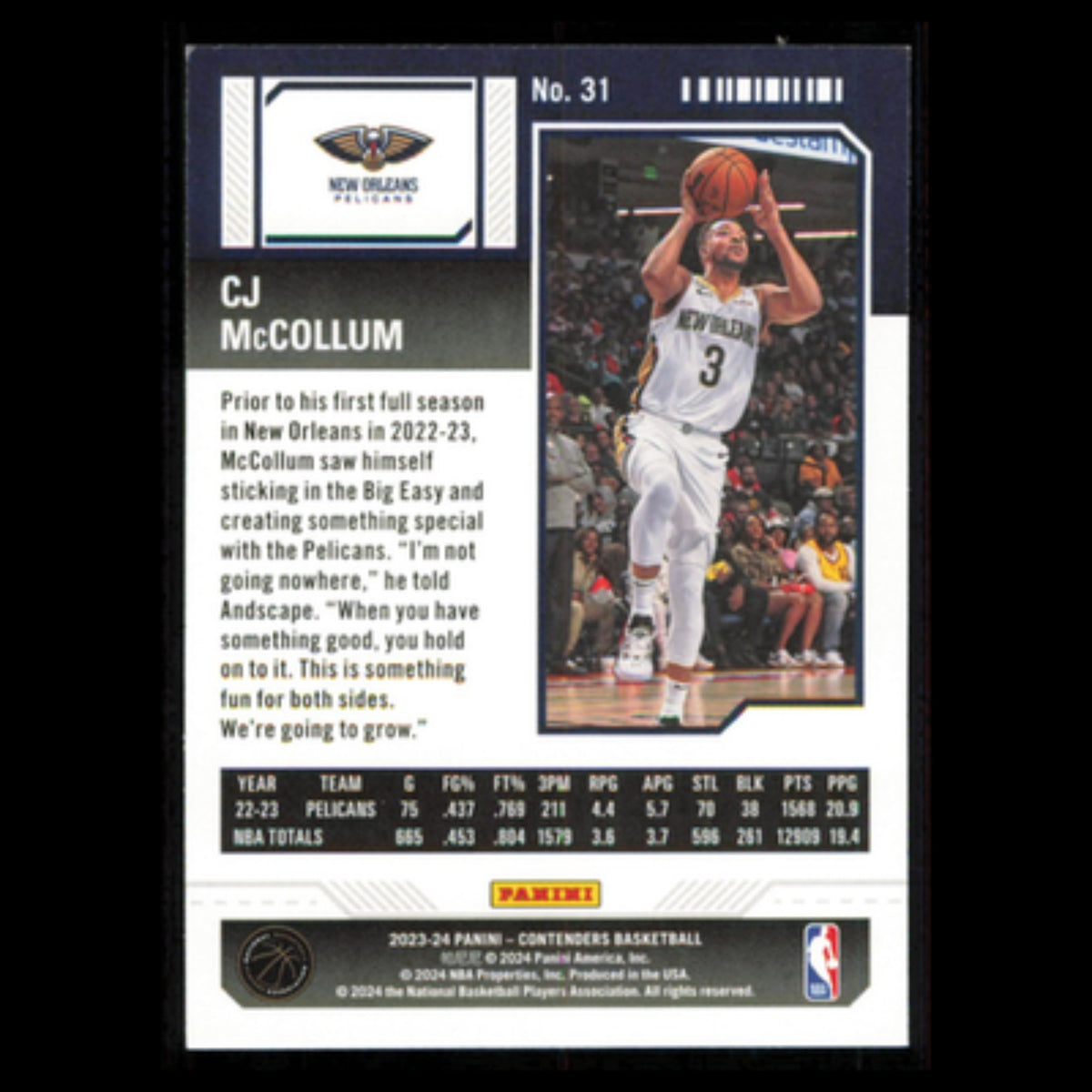 CJ McCollum #31 2023 Panini-Contenders New Orleans Pelicans Basketball Card NBA