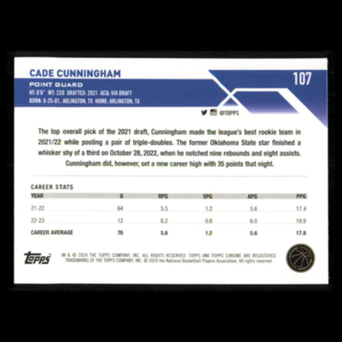 Cade Cunningham #107 2024 Topps Chrome Detroit Pistons Basketball Card NBA NM