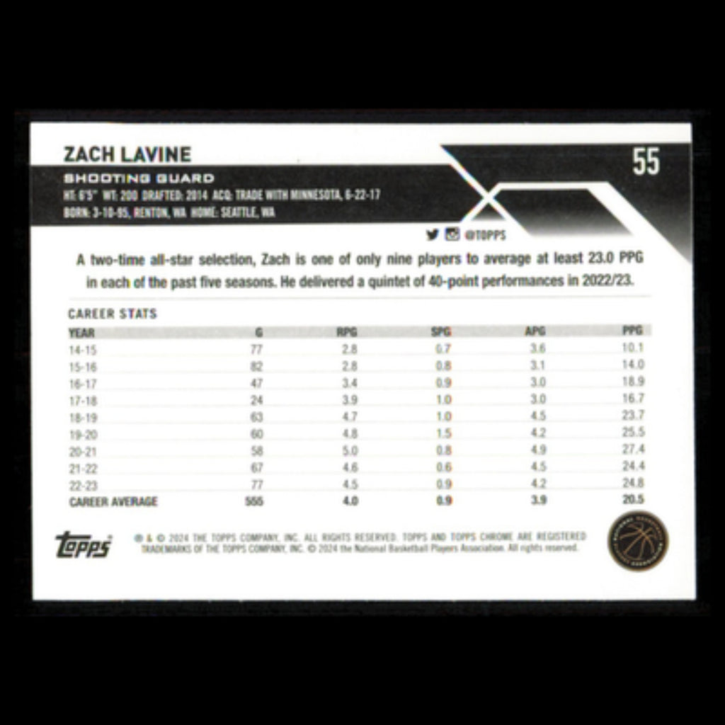 Zach LaVine #55 2024 Topps Chrome Chicago Bulls Basketball Card NBA NM