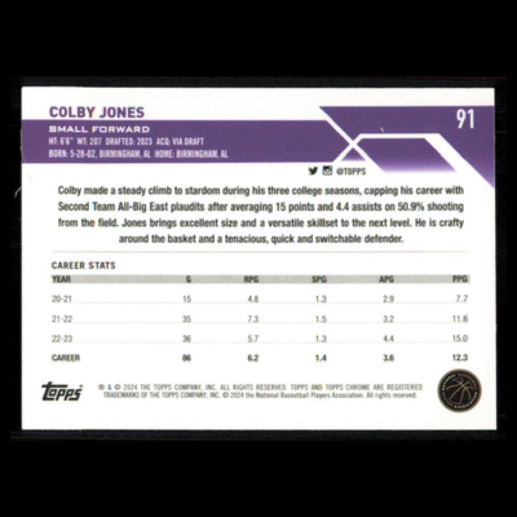 Colby Jones Rookie #91 2024 Topps Chrome Sacramento Kings Basketball Card NBA NM