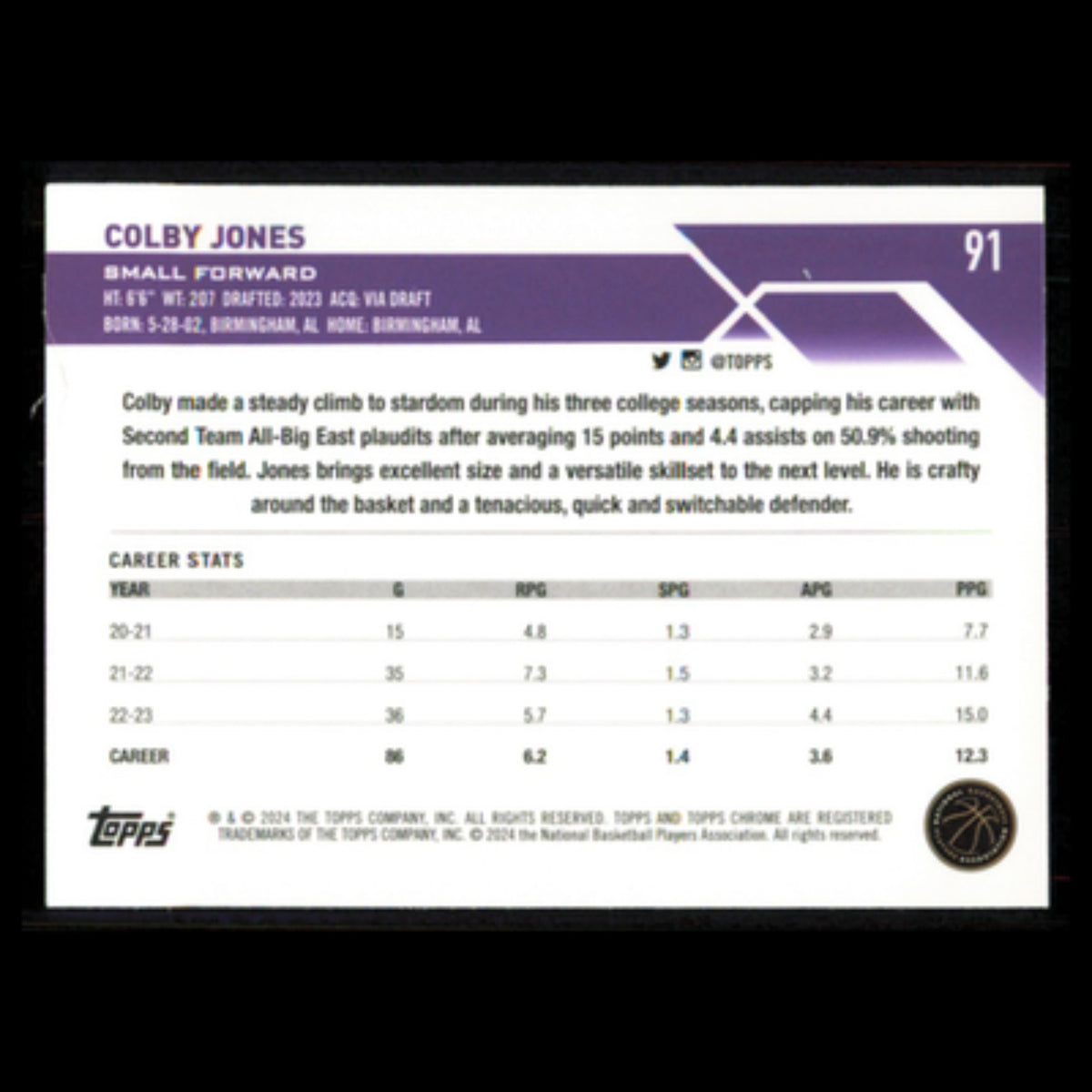 Colby Jones Rookie #91 2024 Topps Chrome Sacramento Kings Basketball Card NBA NM