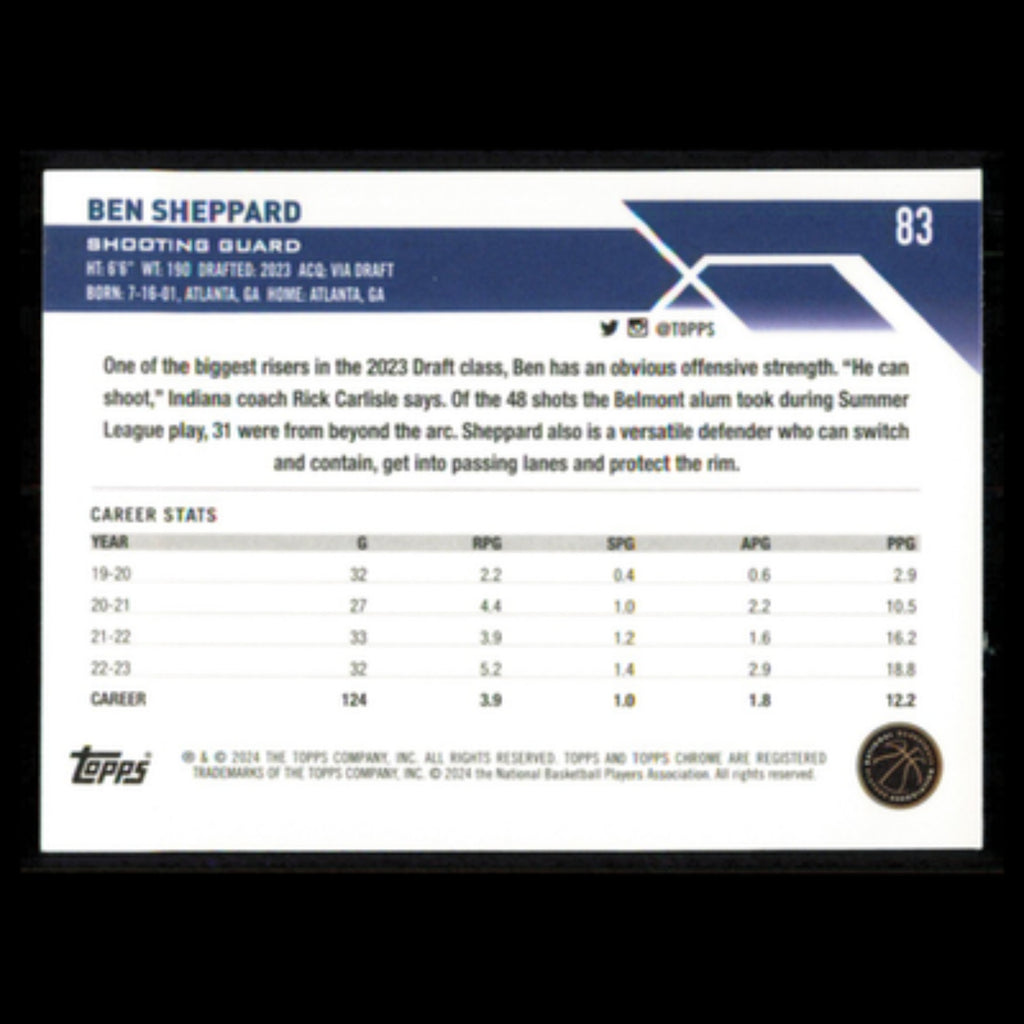 Ben Sheppard Rookie #83 2024 Topps Chrome Indiana Pacers Basketball Card NBA NM