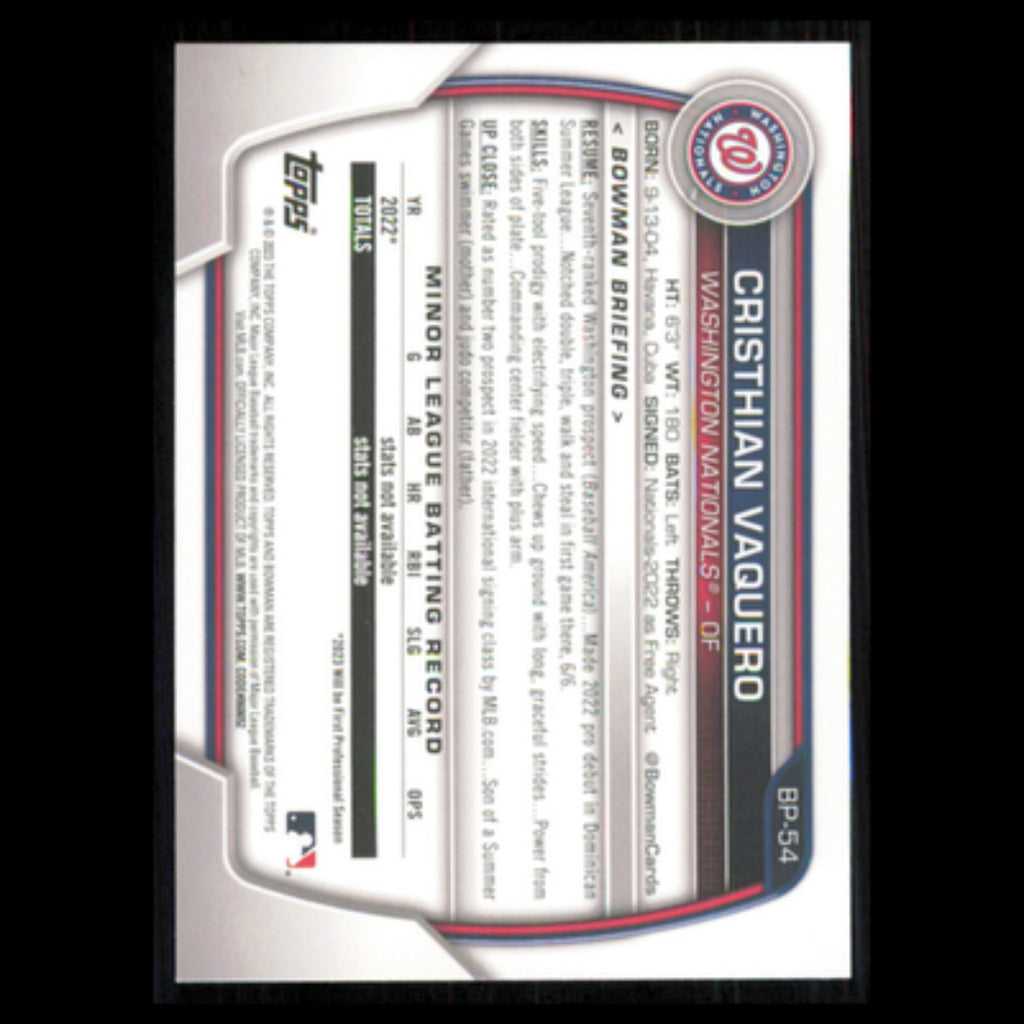 Cristhian Vaquero #BP-54 2023 Bowman Prospects Washington Nationals Baseball MLB