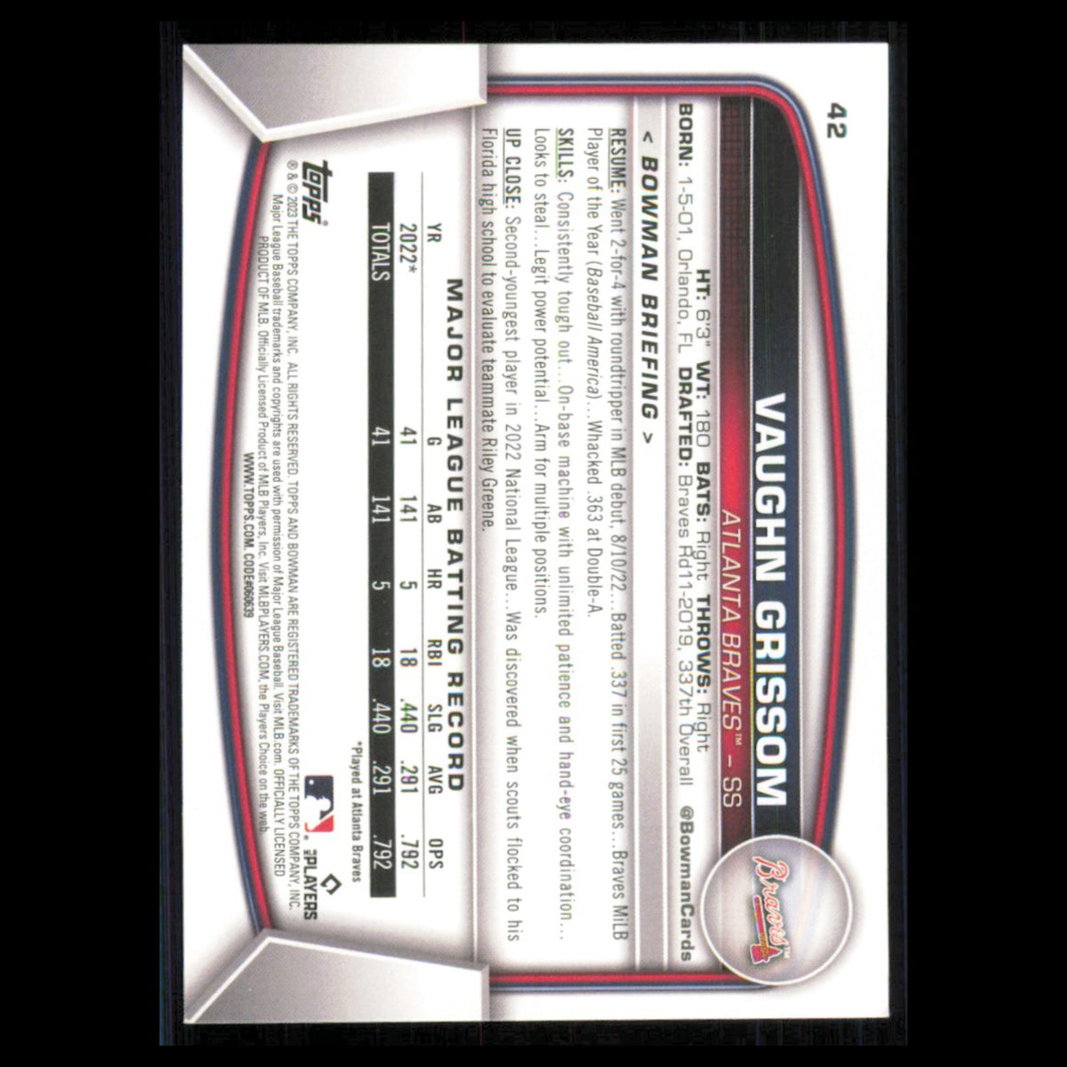 Vaughn Grissom Rookie #42 2023 Bowman Atlanta Braves Baseball Card MLB NM