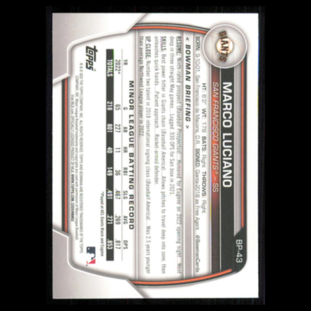 Marco Luciano #BP-43 2023 Bowman Prospects San Francisco Giants Baseball Card NM