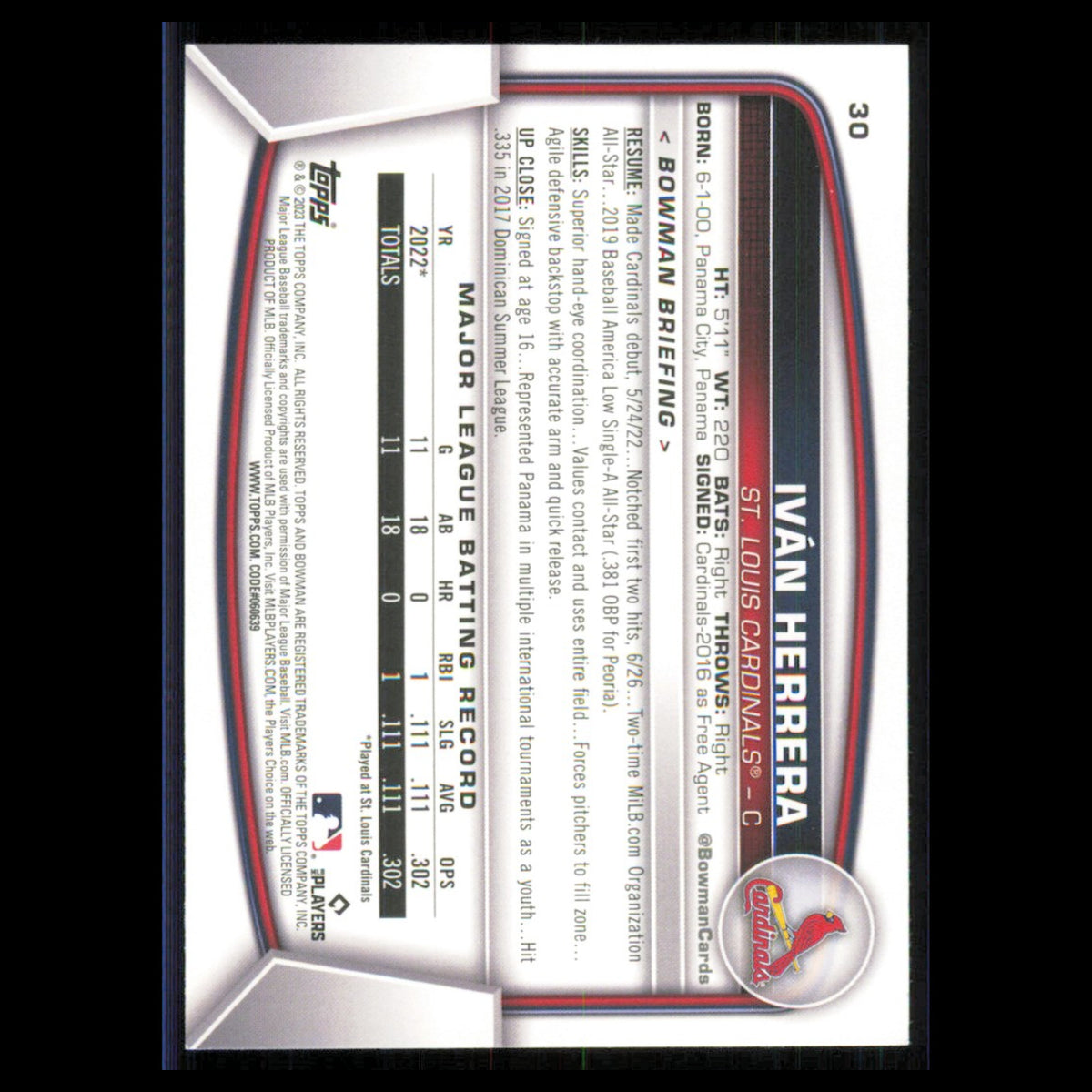 Ivan Herrera Rookie #30 2023 Bowman St. Louis Cardinals Baseball Card MLB NM