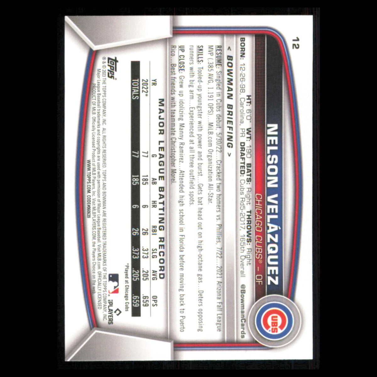 Nelson Velazquez Rookie #12 2023 Bowman Chicago Cubs Baseball Card MLB NM