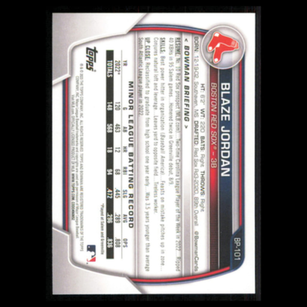 Blaze Jordan #BP-101 2023 Bowman Prospects Boston Red Sox Baseball Card MLB NM