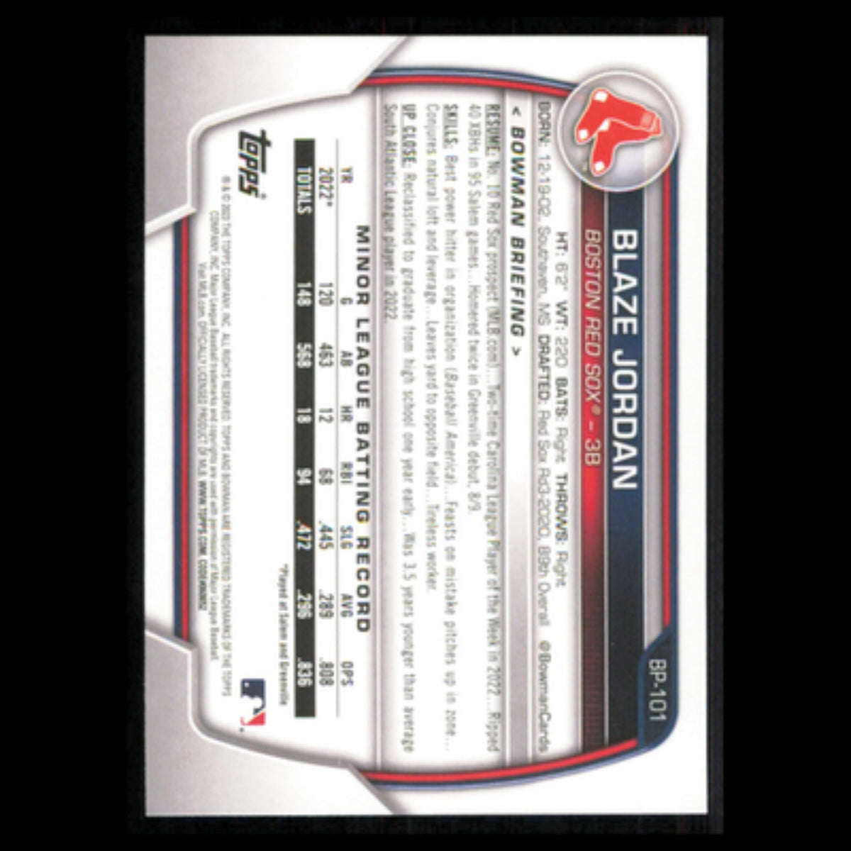 Blaze Jordan #BP-101 2023 Bowman Prospects Boston Red Sox Baseball Card MLB NM