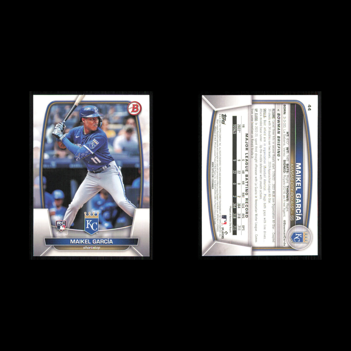 Maikel Garcia Rookie #44 2023 Bowman Kansas City Royals Baseball Card MLB NM
