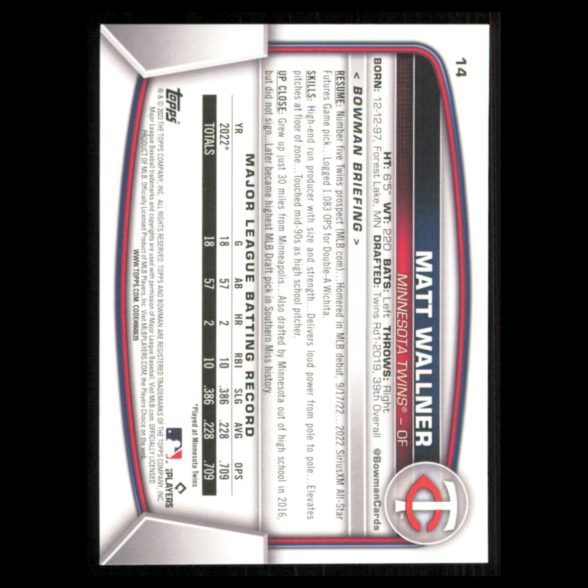 Matt Wallner Rookie #14 2023 Bowman Minnesota Twins Baseball Card MLB NM