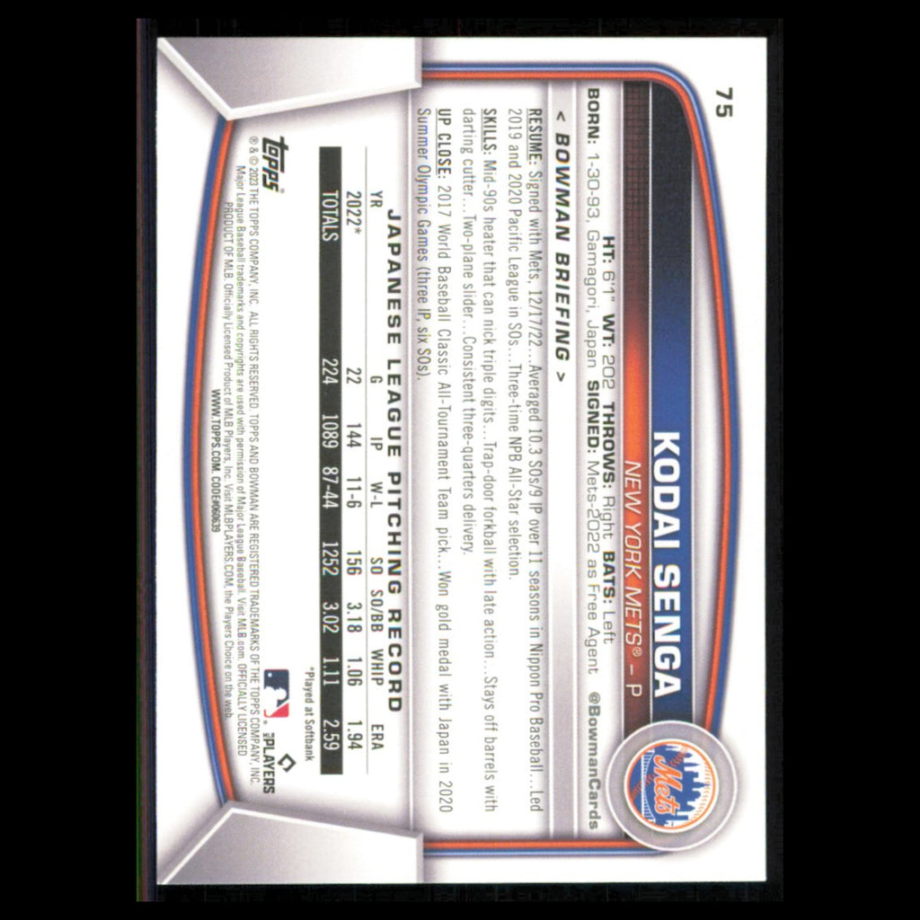 Kodai Senga Rookie #75 2023 Bowman New York Mets Baseball Card MLB NM