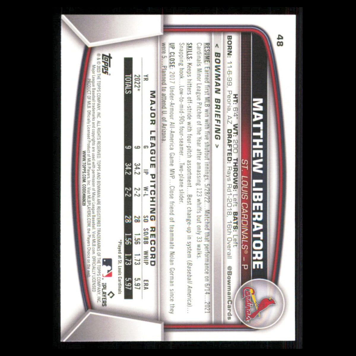 Matthew Liberatore Rookie #48 2023 Bowman St. Louis Cardinals Baseball Card MLB