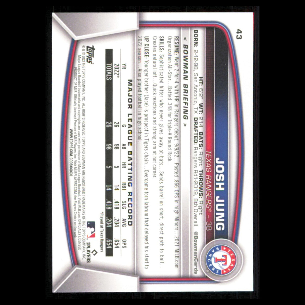 Josh Jung Rookie #43 2023 Bowman Texas Rangers Baseball Card MLB NM