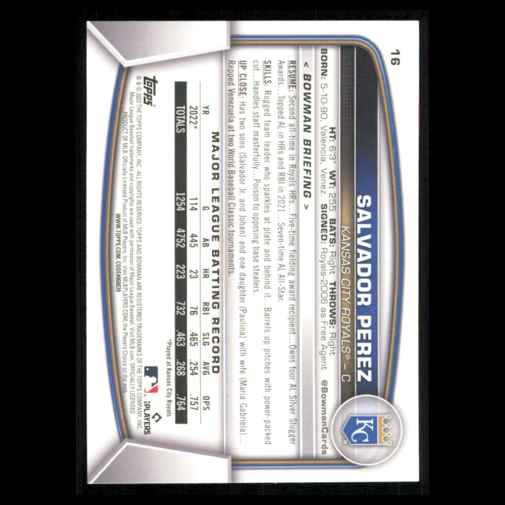Salvador Perez #16 2023 Bowman Kansas City Royals Baseball Card MLB NM