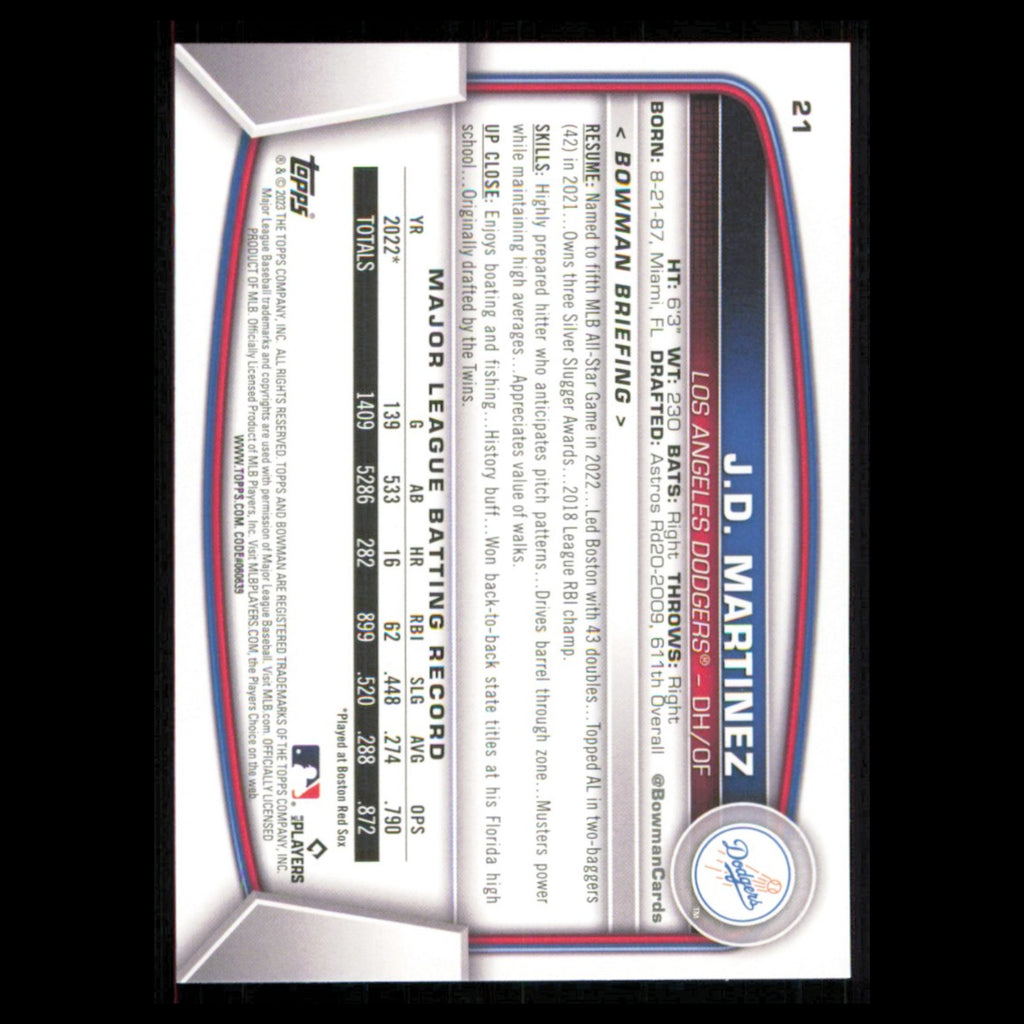 J.D. Martinez #21 2023 Bowman Los Angeles Dodgers Baseball Card MLB NM