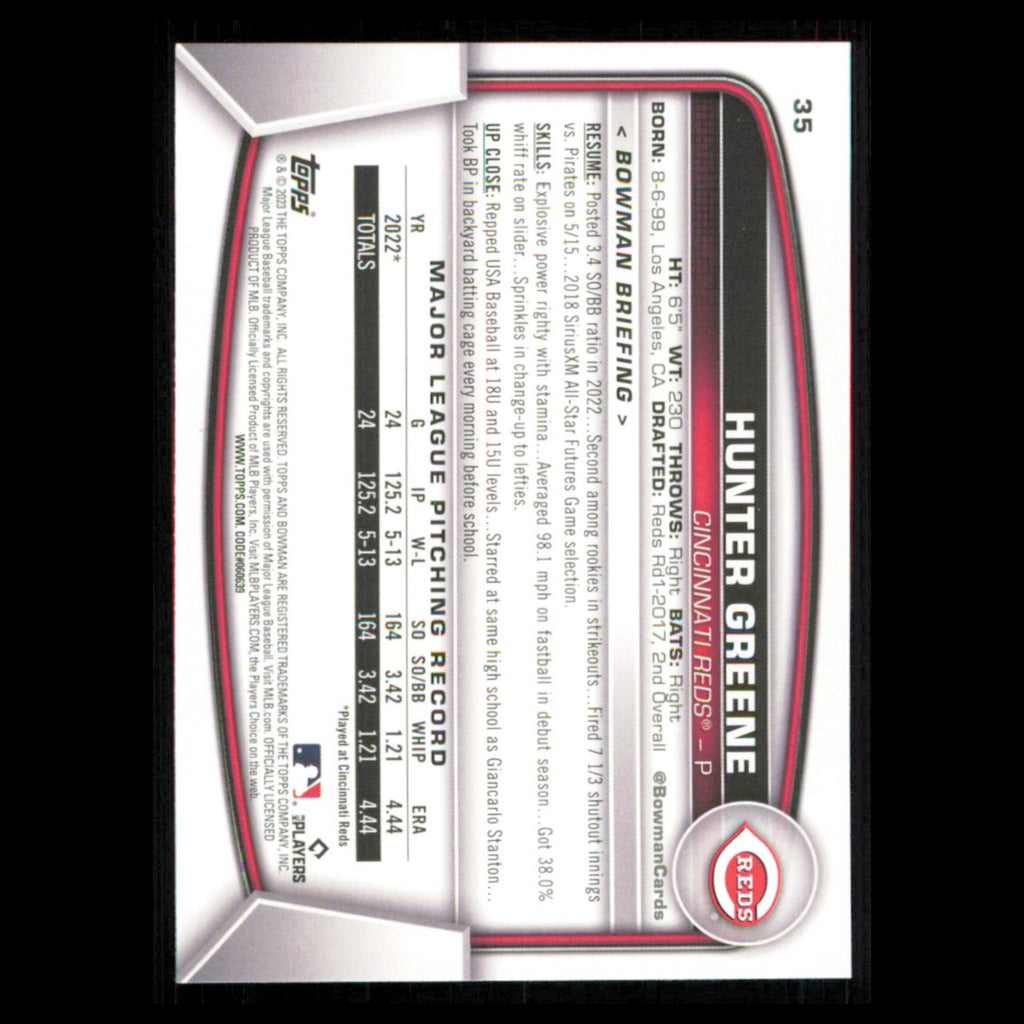 Hunter Greene #35 2023 Bowman Cincinnati Reds Baseball Card MLB NM