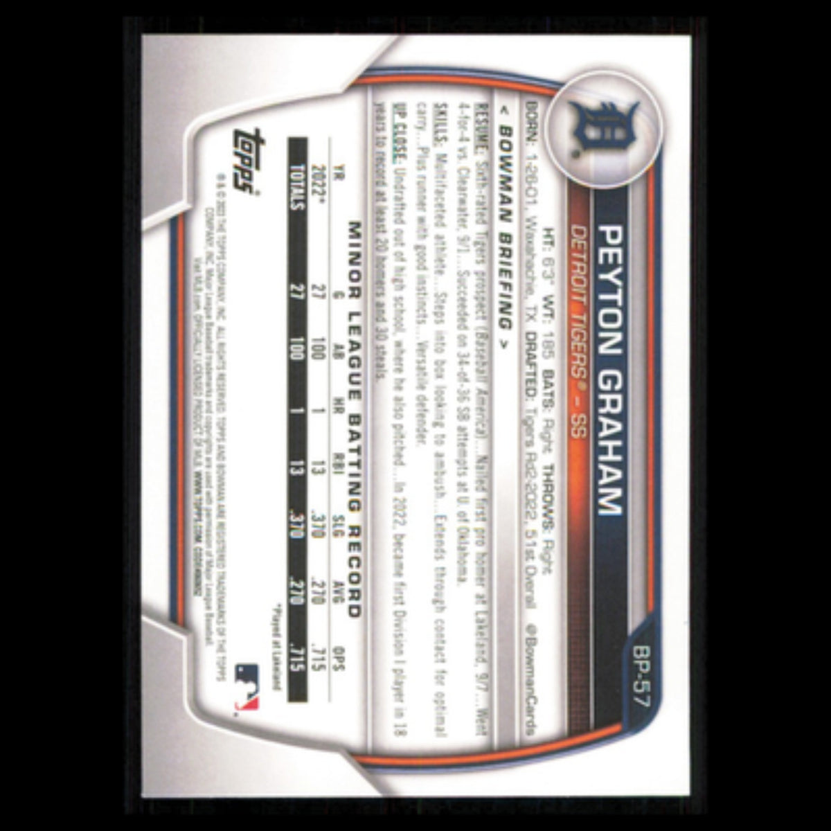 Peyton Graham #BP-57 2023 Bowman Prospects Detroit Tigers Baseball Card MLB NM