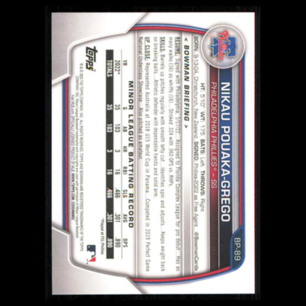 Nikau Pouaka-Grego #BP-89 2023 Bowman Prospects Philadelphia Phillies Baseball