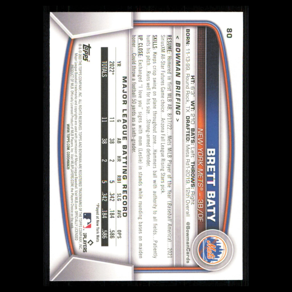 Brett Baty Rookie #80 2023 Bowman New York Mets Baseball Card MLB NM