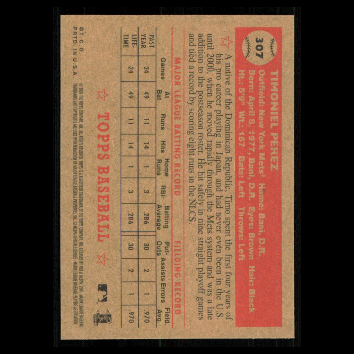 Timo Perez #307 2001 Topps Heritage New York Mets Baseball Card MLB NM