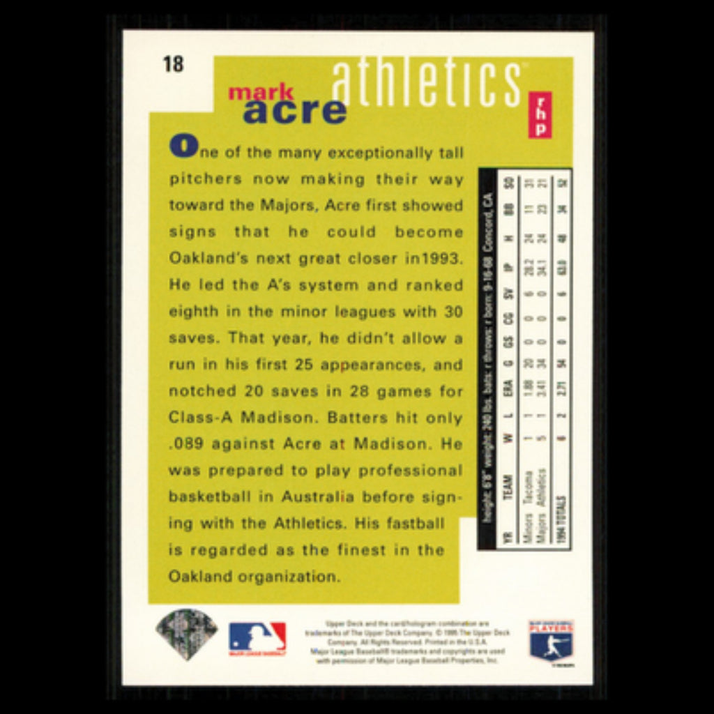 Mark Acre Rookie #18 1995 Upper Deck Collectors Choice Oakland Athletics Card NM