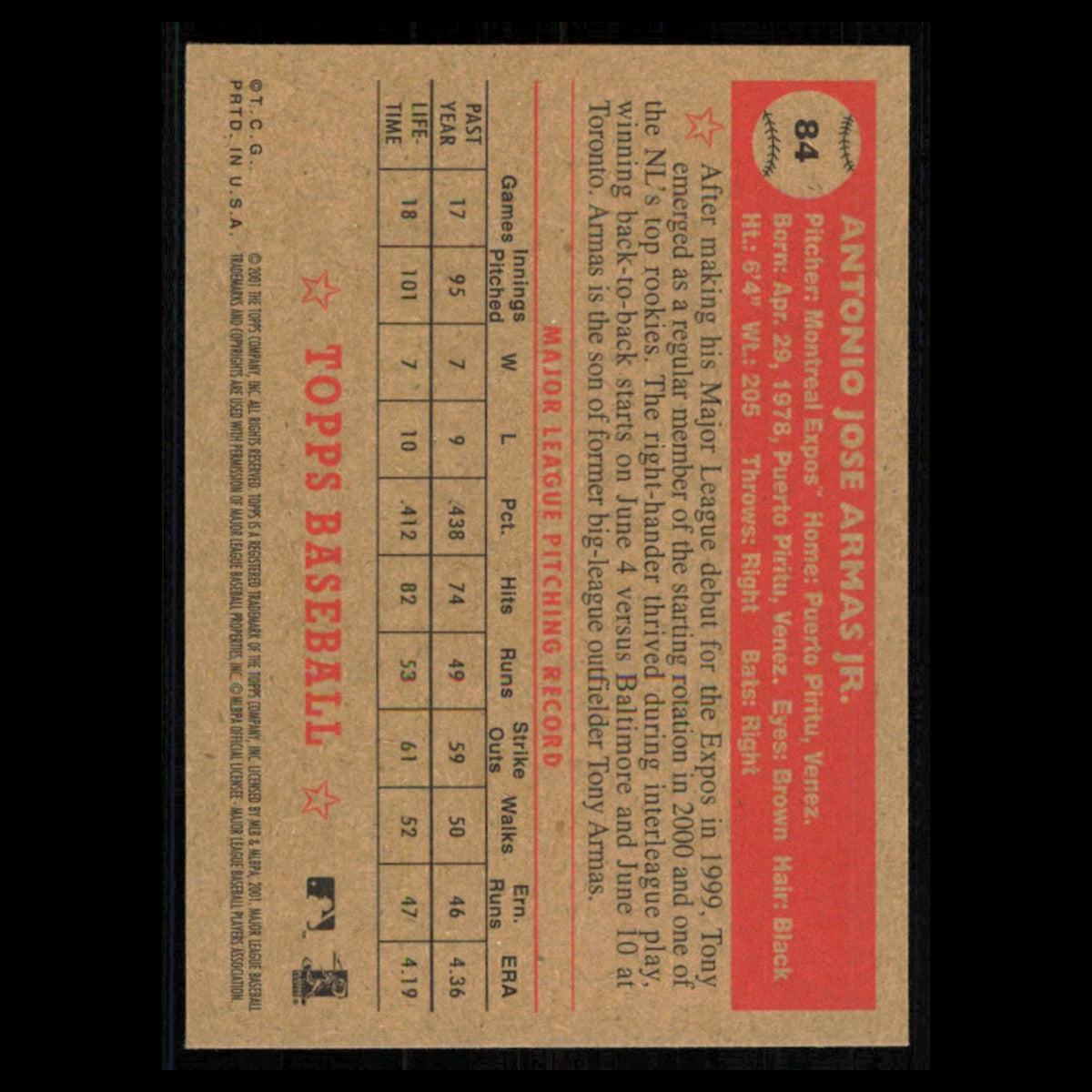 Tony Armas Jr. #84 2001 Topps Heritage Montreal Expos Baseball Card MLB NM