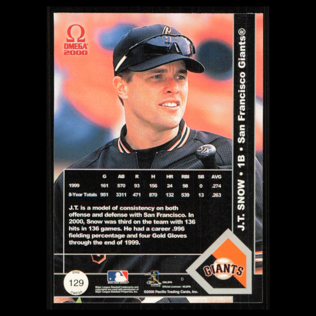 J.T. Snow #129 2000 Pacific Omega San Francisco Giants Baseball Card MLB NM