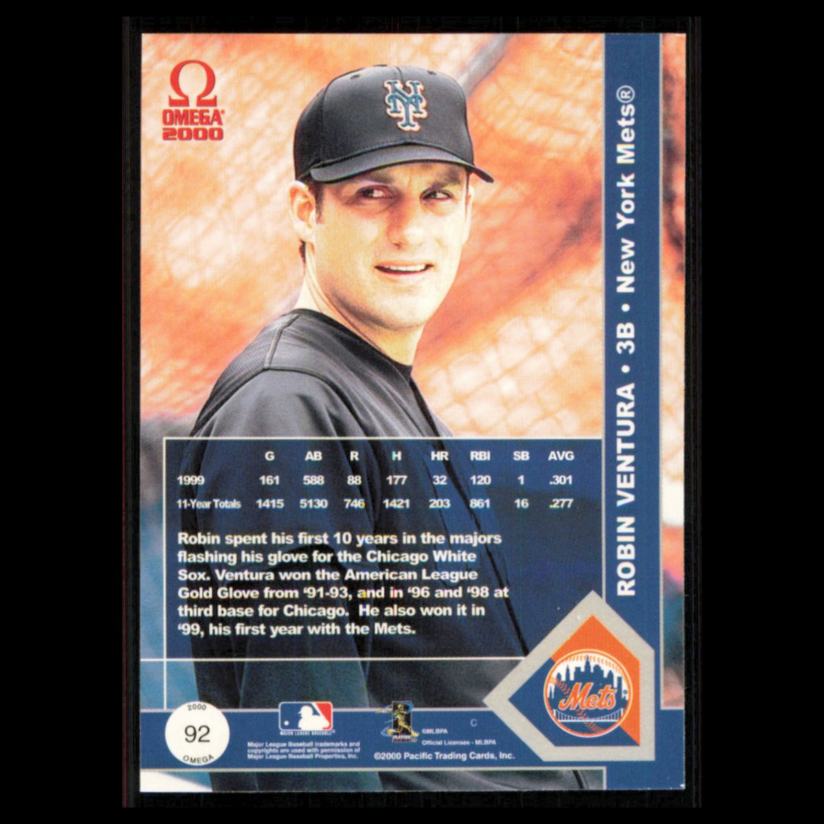 Robin Ventura #92 2000 Pacific Omega New York Mets Baseball Card MLB NM