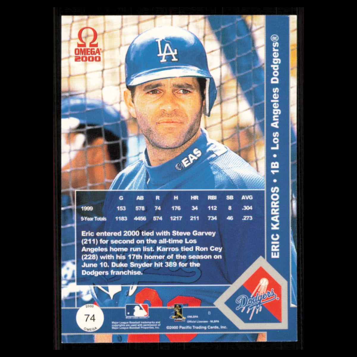 Eric Karros #74 2000 Pacific Omega Los Angeles Dodgers Baseball Card MLB NM