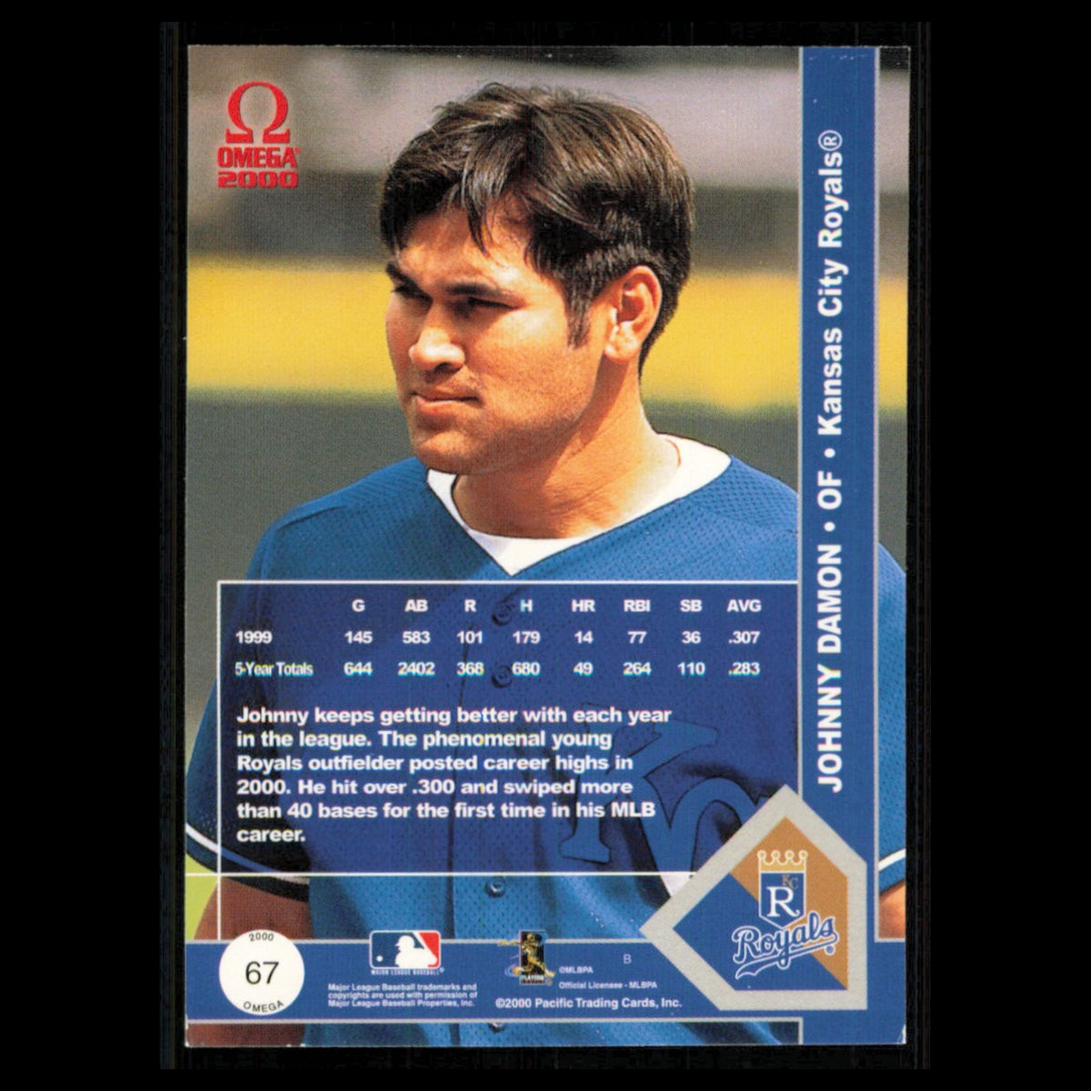 Johnny Damon #67 2000 Pacific Omega Kansas City Royals Baseball Card MLB NM