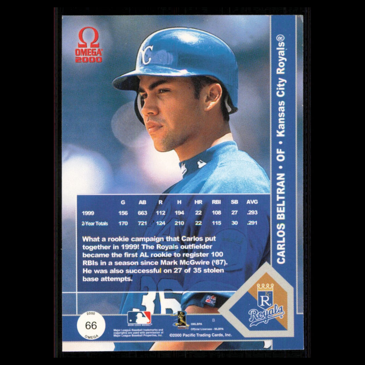 Carlos Beltran #66 2000 Pacific Omega Kansas City Royals Baseball Card MLB NM