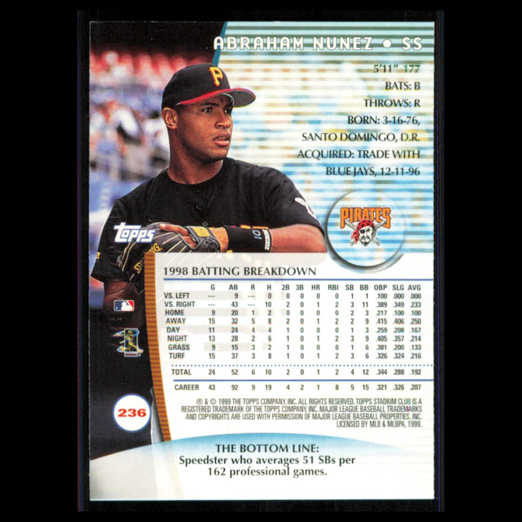 Abraham Nunez #236 1999 Topps Stadium Club Pittsburgh Pirates Baseball Card MLB