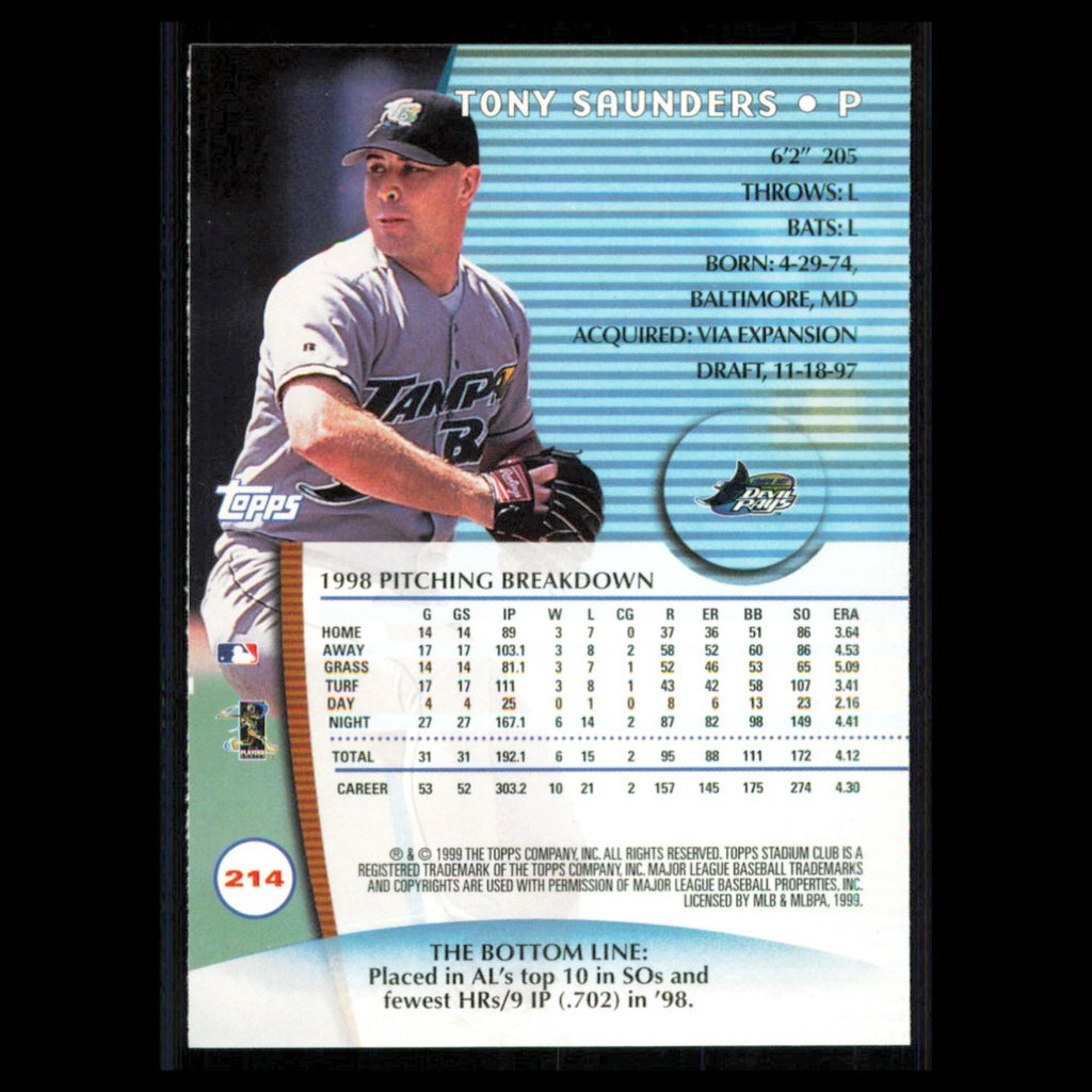 Tony Saunders #214 1999 Topps Stadium Club Tampa Bay Rays Baseball Card MLB NM