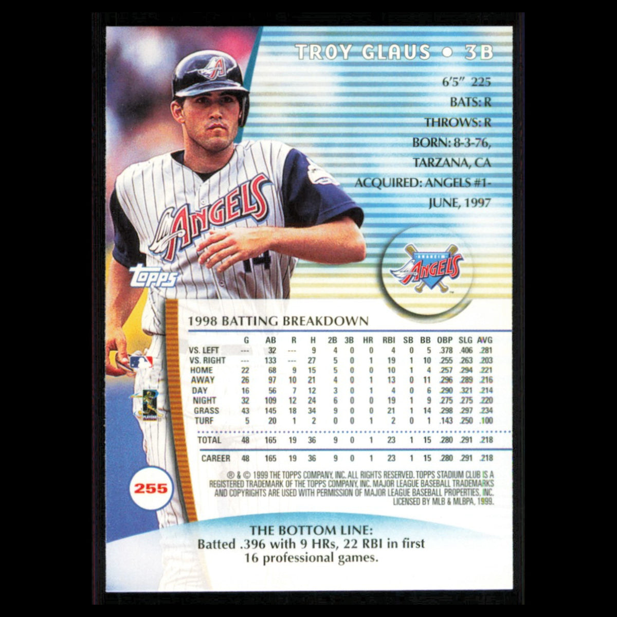 Troy Glaus #255 1999 Topps Stadium Club Anaheim Angels Baseball Card MLB NM